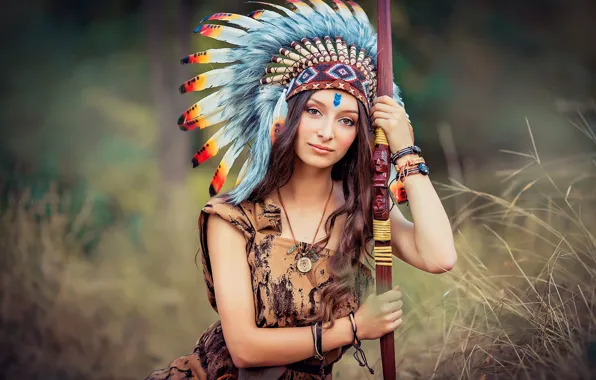Picture girl, feathers, bow, bokeh, Indian, roach, Catherine Dobrogea