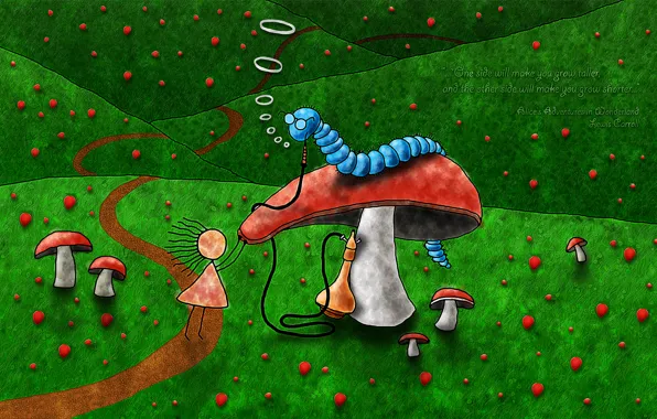 Caterpillar, mushrooms, trail, Alice