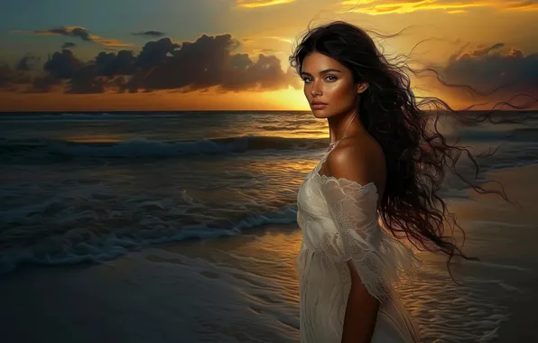 Sea, beach, look, girl, clouds, light, sunset, pose