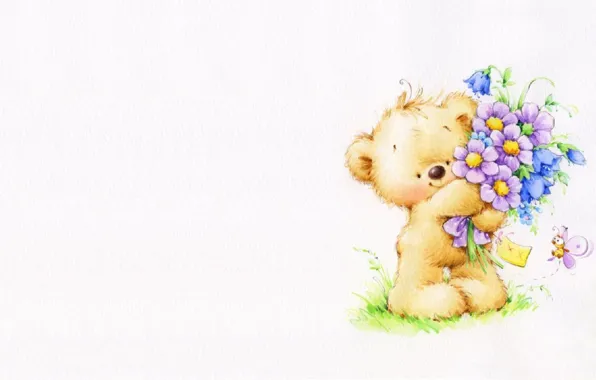 Picture summer, flowers, bouquet, art, bear, children's, Marina Fedotova