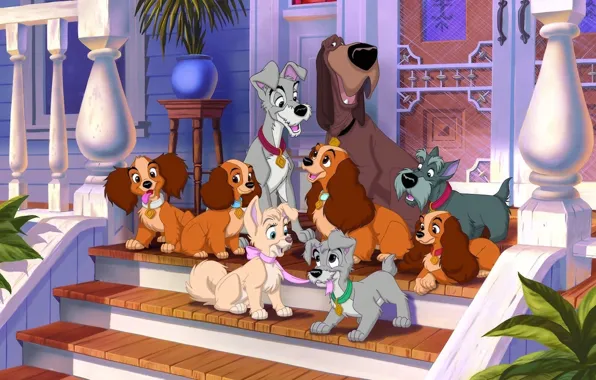Dogs, house, cartoon, cartoon, puppies, heroes, porch, Lady