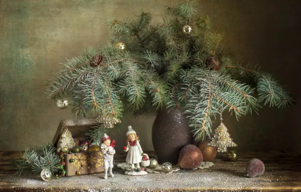 Branches, children, table, toys, bouquet, boy, Christmas, girl
