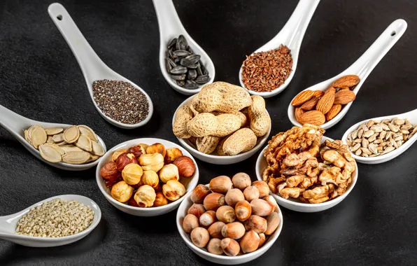Nuts, seeds, almonds, hazelnuts, peanuts, walnut, macadamia