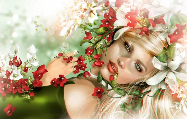 Flowers, Girl, Rendering
