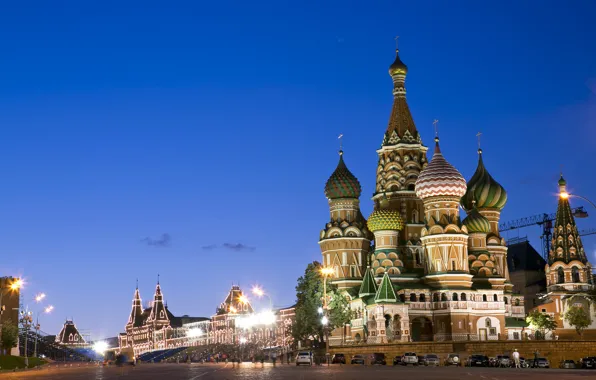 The sky, night, the city, lights, lighting, lights, Moscow, St. Basil's Cathedral