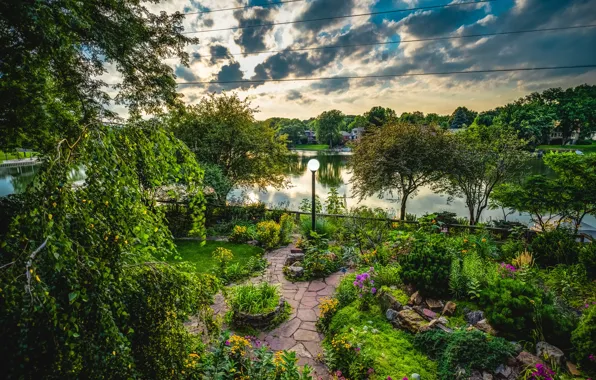 Clouds, trees, flowers, pond, stones, home, garden, lantern