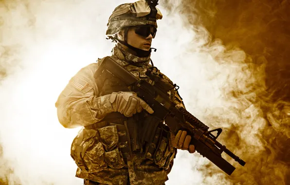 Weapons, background, smoke, glasses, soldiers, gloves, helmet, camouflage