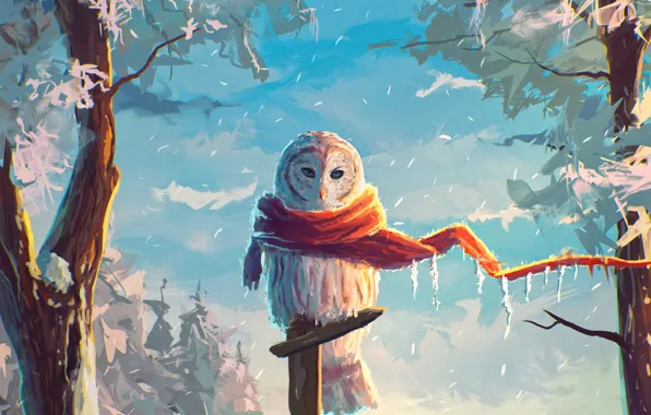 Picture winter, snow, owl, bird, art