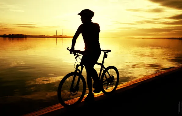 Sunset, bike, river, silhouette