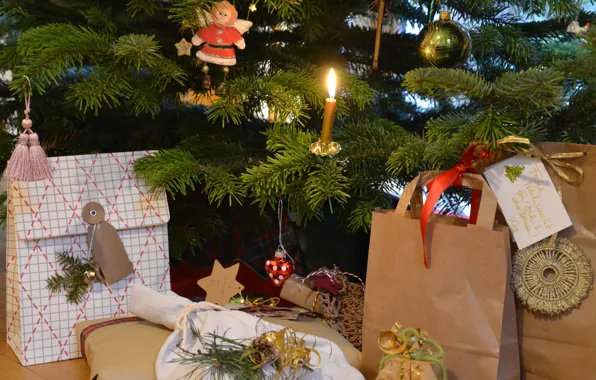 Winter, branches, holiday, candle, angel, Christmas, gifts, New year