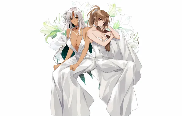 Sexy, cleavage, long hair, dress, girls, brown hair, boobs, anime