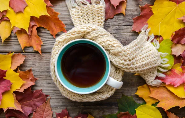 Picture autumn, leaves, scarf, wood, autumn, leaves, coffee cup, a Cup of coffee