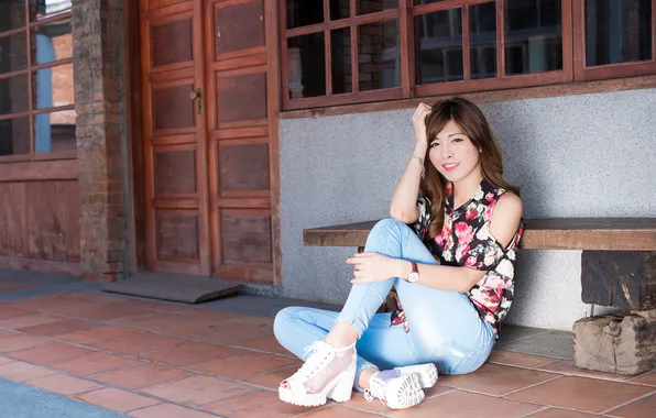 Summer, look, girl, face, jeans, Asian