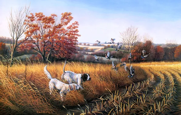 Field, autumn, duck, dog, painting, Bird Dog Country, John S. Eberhardt, dog for hunting birds