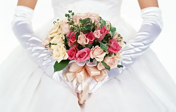 Picture roses, bouquet, gloves, the bride