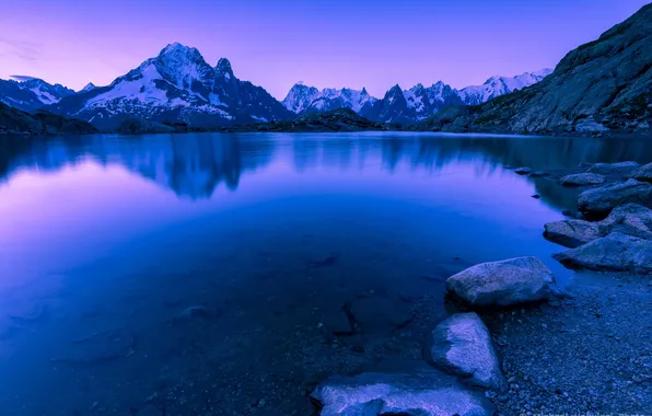 The sky, snow, sunset, mountains, lake, reflection