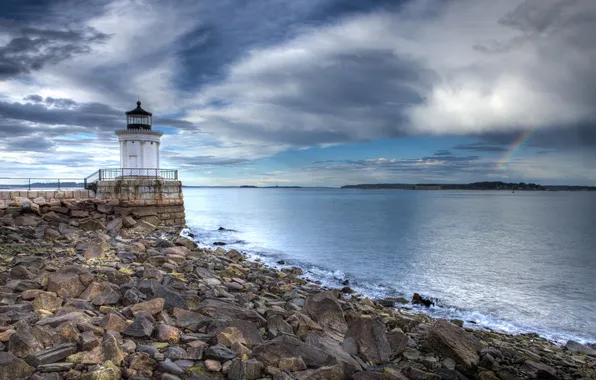 Sea, the sky, clouds, stones, coast, lighthouse, USA, Oregon