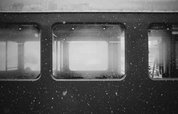 Windows, snow, train, black and white, wagon, freeze, cold, b/w
