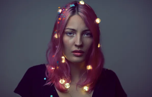 Picture look, girl, face, lights, background, hair, color, garland