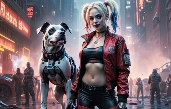 Girl, street, dog, cyborg, Harley Quinn, the image is generated by AI