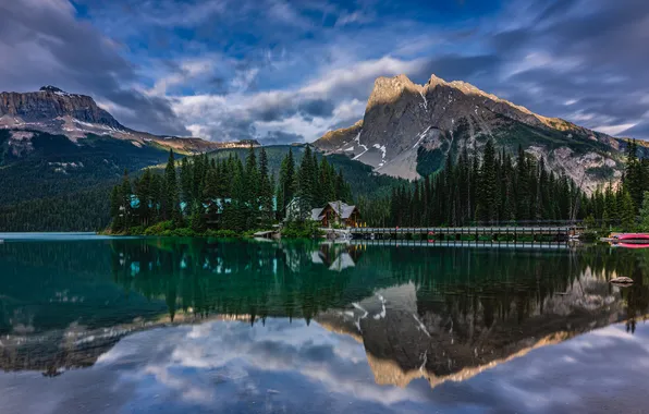 Forest, clouds, mountains, lake, reflection, blue, rocks, shore