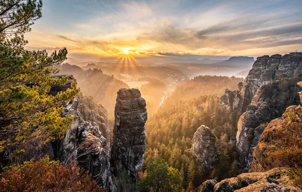 Autumn, forest, the sun, mountains, stones, rocks, view, height