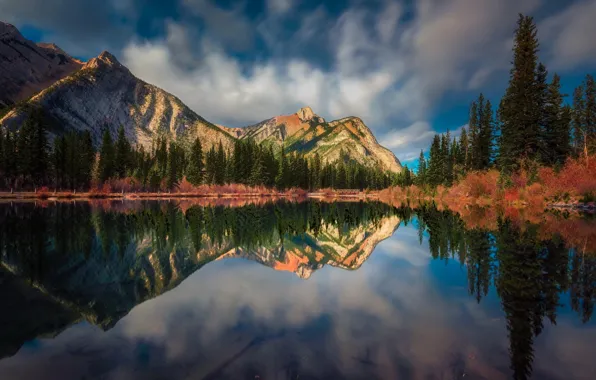 Trees, landscape, mountains, nature, lake, reflection, Canada, Albert