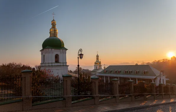 Picture autumn, dawn, street, morning, Church, lantern, temple, Ukraine