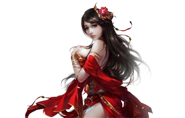 Picture beauty, a sad look, white background, Chinese, kimono, beautiful girl, beauty, charm