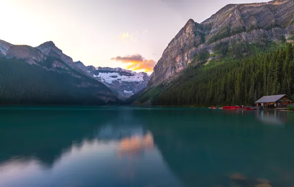 Picture forest, the sky, lake, reflection, rocks, shore, tops, Canada