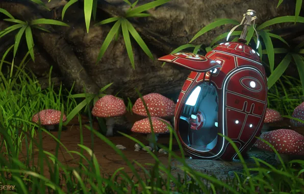 Grass, stones, mushrooms, something, Mini Landing