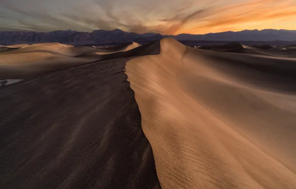 Sand, the sky, clouds, line, sunset, mountains, rocks, desert