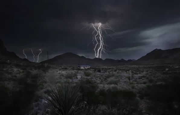 The storm, field, mountains, night, clouds, element, lightning, house
