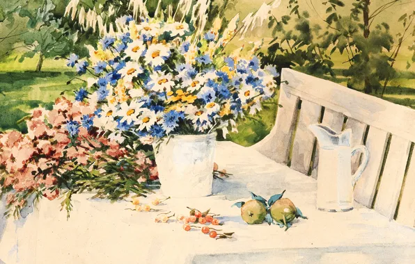 Flowers, table, apples, milk, berry, shop, tablecloth, Watercolor