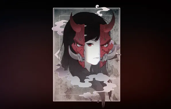 Girl, Minimalism, Style, Asian, Girl, Mask, The demon, Horns