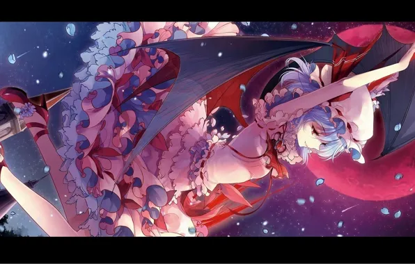 Night, petals, shoes, the full moon, red eyes, cap, touhou, ruffles