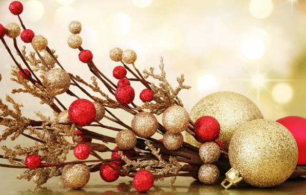 Balls, decoration, branches, new year, Christmas