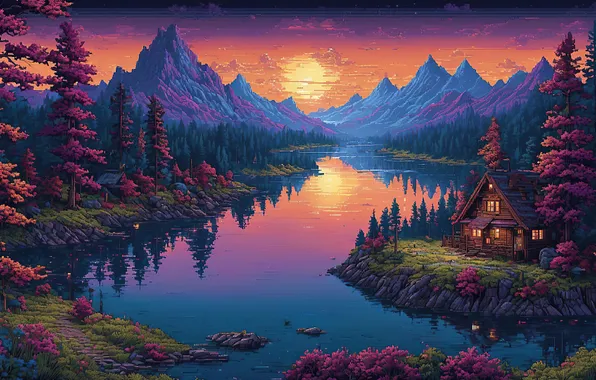 Picture water, trees, sunset, house, mountain, pixels