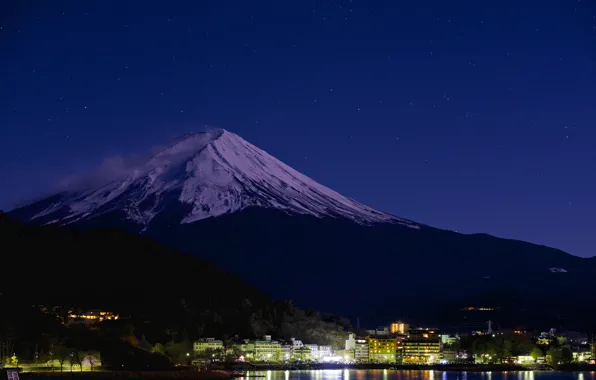 The sky, night, lights, lake, mountain, Japan, Fuji