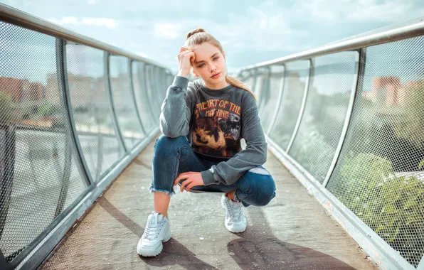 Look, bridge, photo, shadow, jeans, girl, sneakers