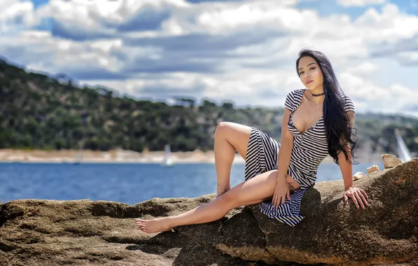 Girl, clouds, pose, stones, model, neckline, girl, legs