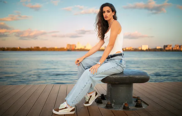 Look, landscape, pose, river, model, portrait, jeans, makeup