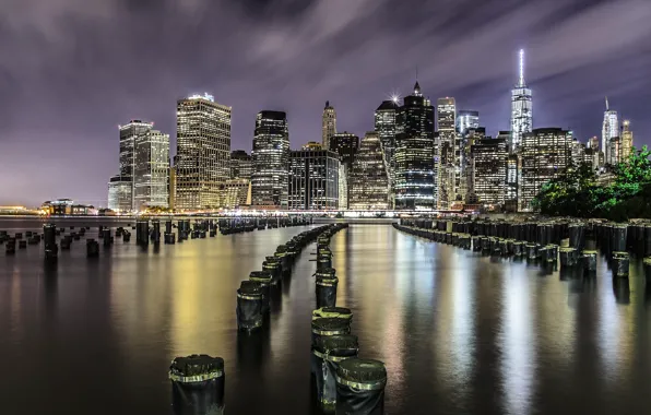 The sky, clouds, night, the city, lights, shore, posts, building