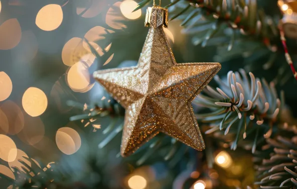 Branches, lights, star, Christmas, New year, needles, bokeh, gold