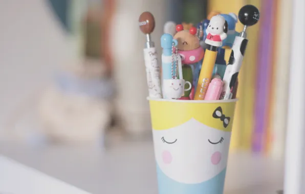 Background, mood, blur, pencils, bear, mug, Cup, handle