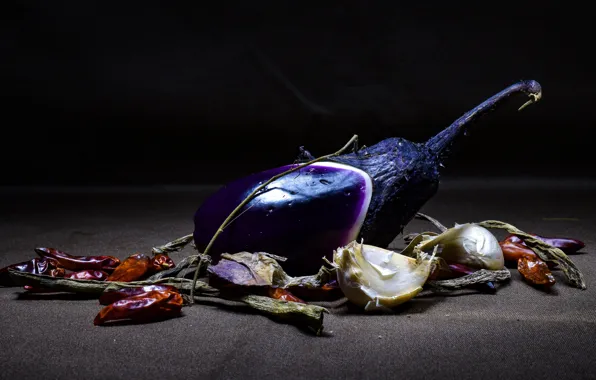 The dark background, eggplant, pepper, still life, sharp, vegetables, garlic