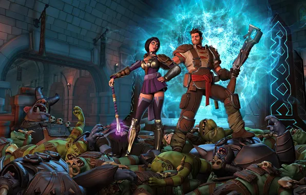 Girl, weapons, the portal, guy, orcs, Orcs Must Die!
