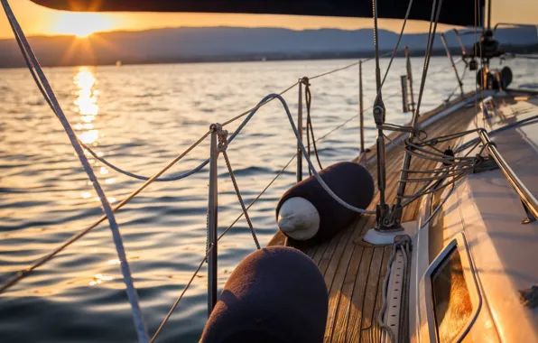 Sea, the sun, sunset, reflection, coast, the evening, yacht, sail