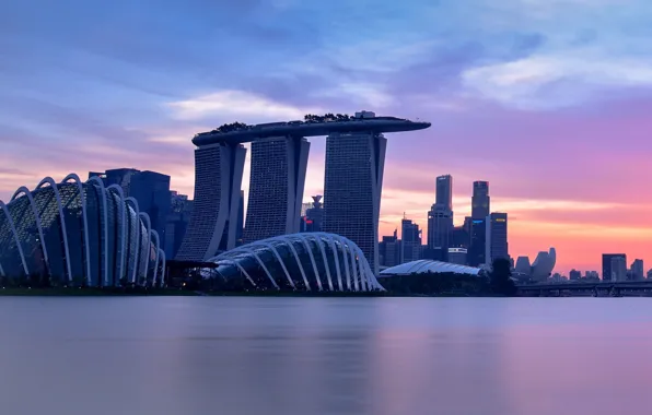 Picture city, lights, sky, sea, sunset, clouds, evening, Singapore