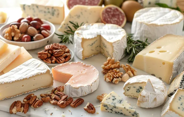 Table, cheese, pieces, bowl, nuts, placer, light background, different